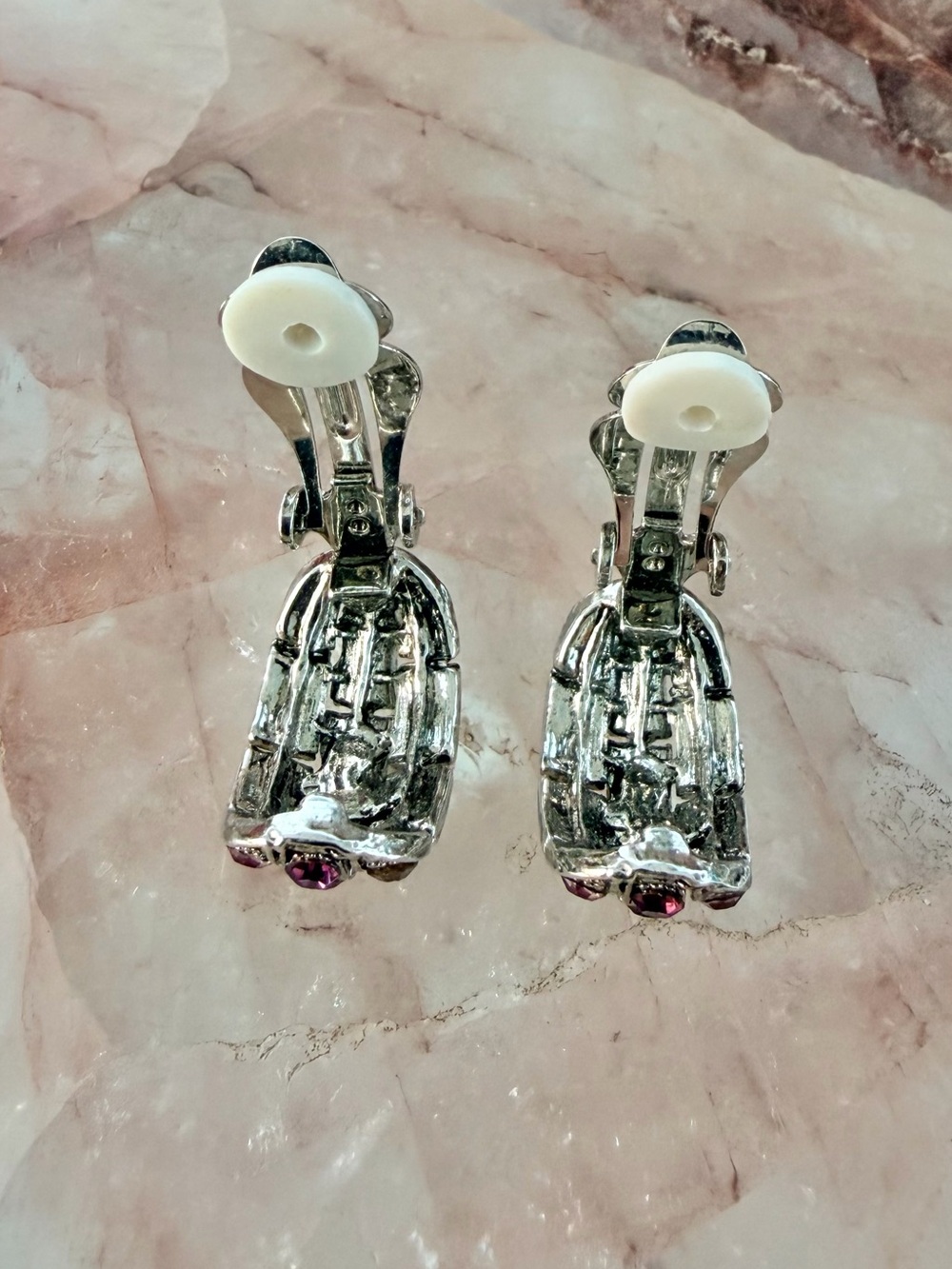 Lattice Frame Pink and Purple Rhinestone Silver Tone Bling Clip-On Earrings - Picture 7 of 7